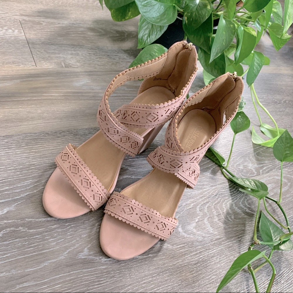 Chunky blush coloured heels with boho pattern